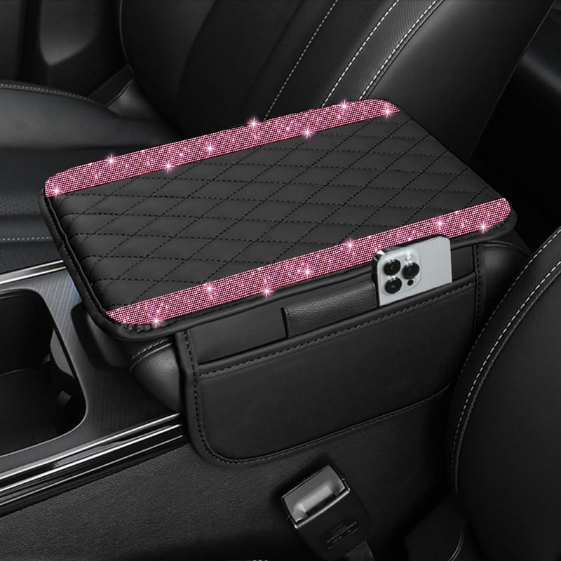 NBTEPEM Bling Car Center Console Cover, Leather Car Arm Rest Cover Cushion with 2 Storage Bags, Universal Automotive Armrest Protector Storage Box, Bling Accessories Interior for Most Vehicles (Pink) - Image 1
